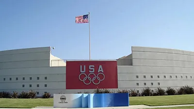 Monument with USA Olympic logo in front of the Chula Vista Elite Athlete Training Center
